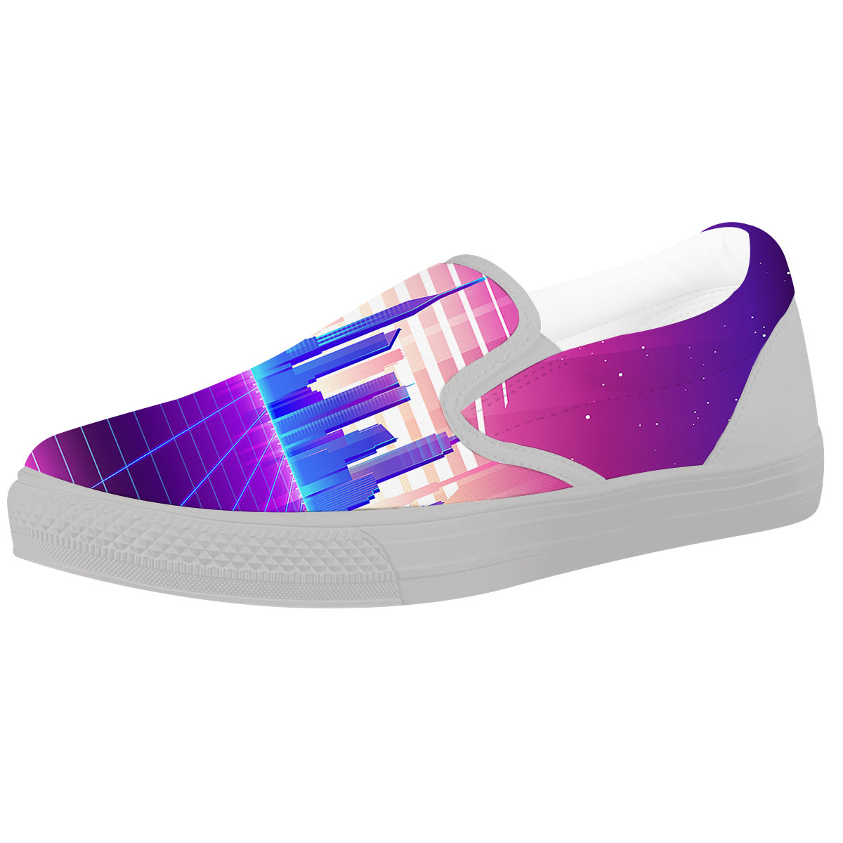 Futuristic City Print White Slip On Shoes-grizzshop