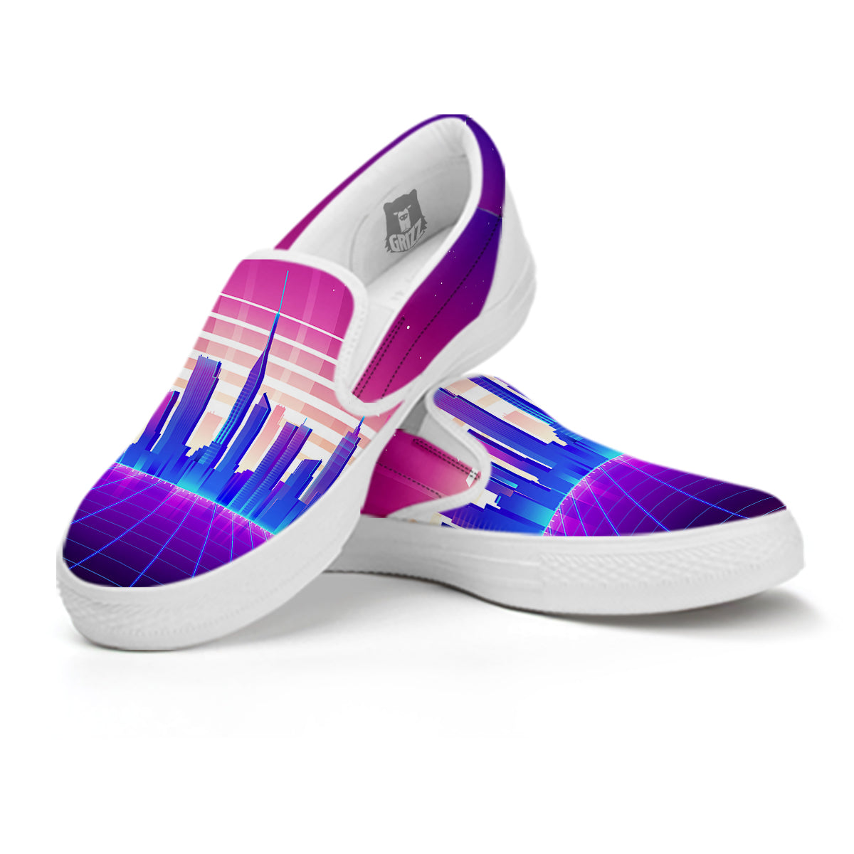 Futuristic City Print White Slip On Shoes-grizzshop