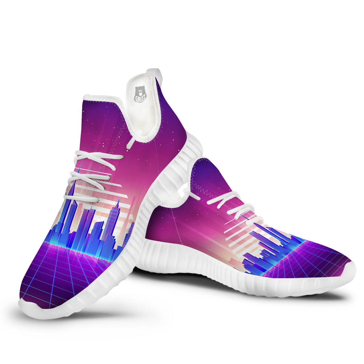 Futuristic City Print White Walking Shoes-grizzshop