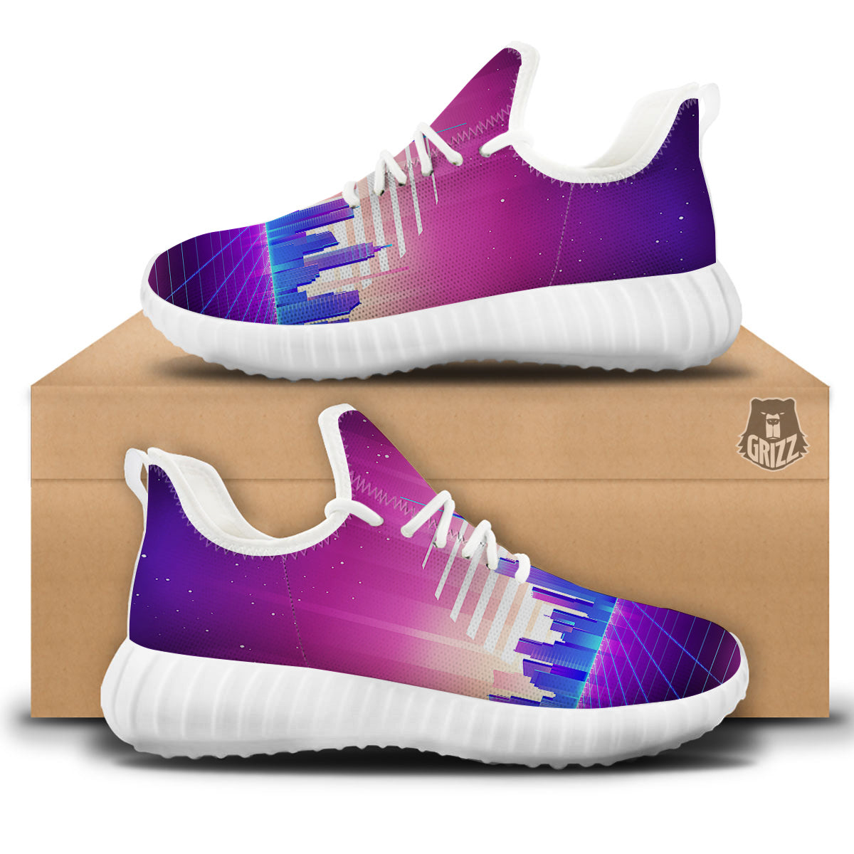 Futuristic City Print White Walking Shoes-grizzshop