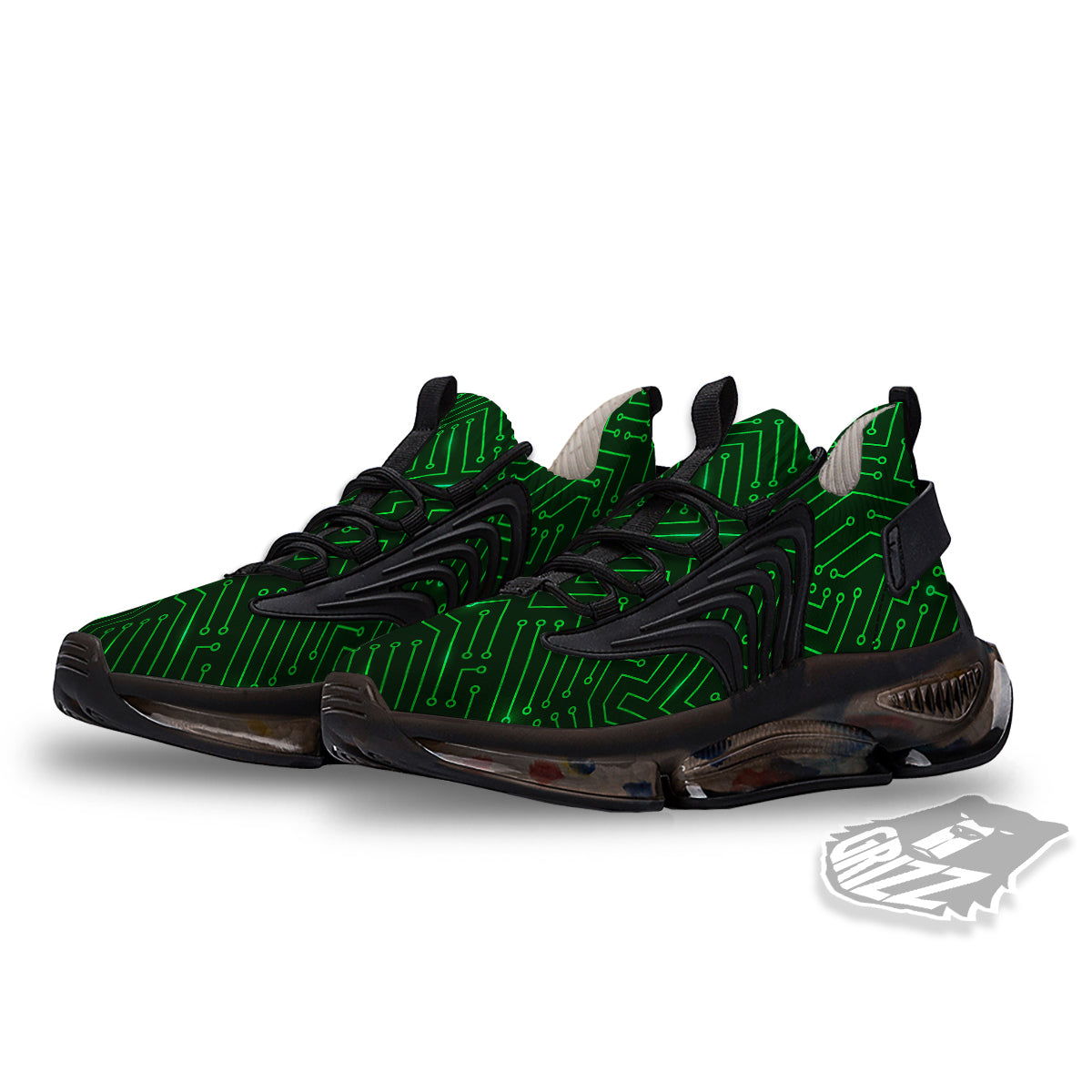 Futuristic Green Circuit Board Print Black Gym Shoes-grizzshop