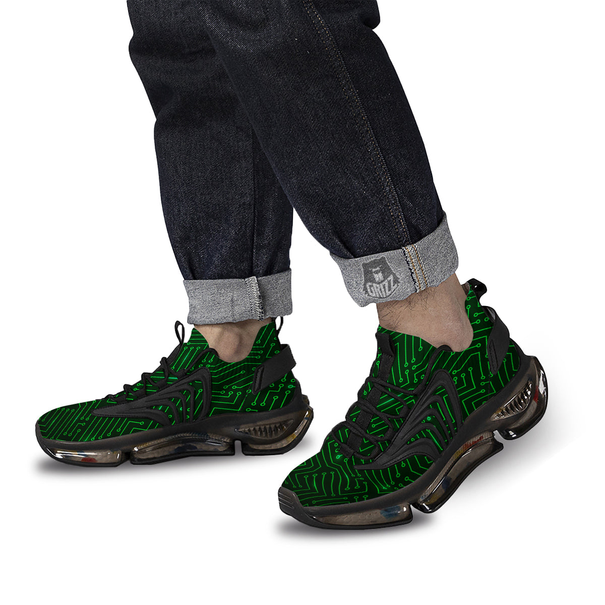 Futuristic Green Circuit Board Print Black Gym Shoes-grizzshop
