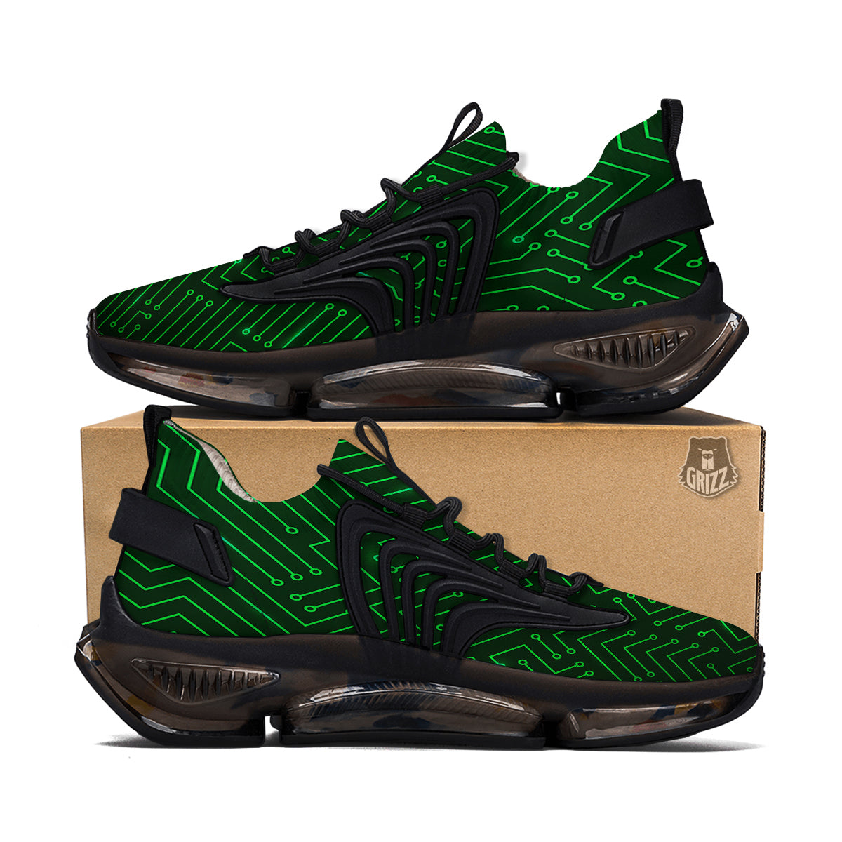 Futuristic Green Circuit Board Print Black Gym Shoes-grizzshop