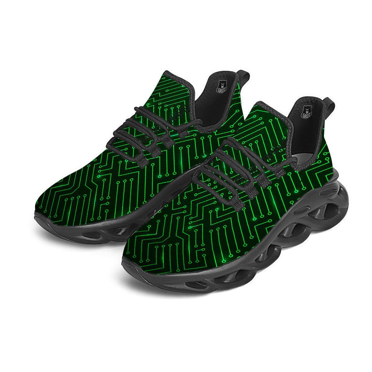 Futuristic Green Circuit Board Print Black Running Shoes-grizzshop