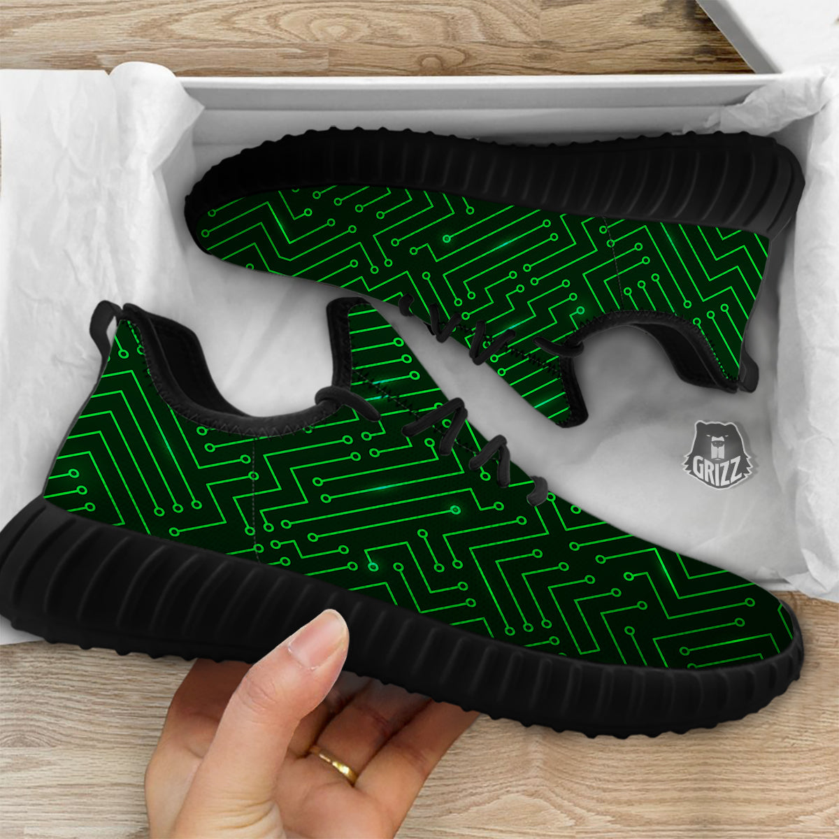 Futuristic Green Circuit Board Print Black Walking Shoes-grizzshop