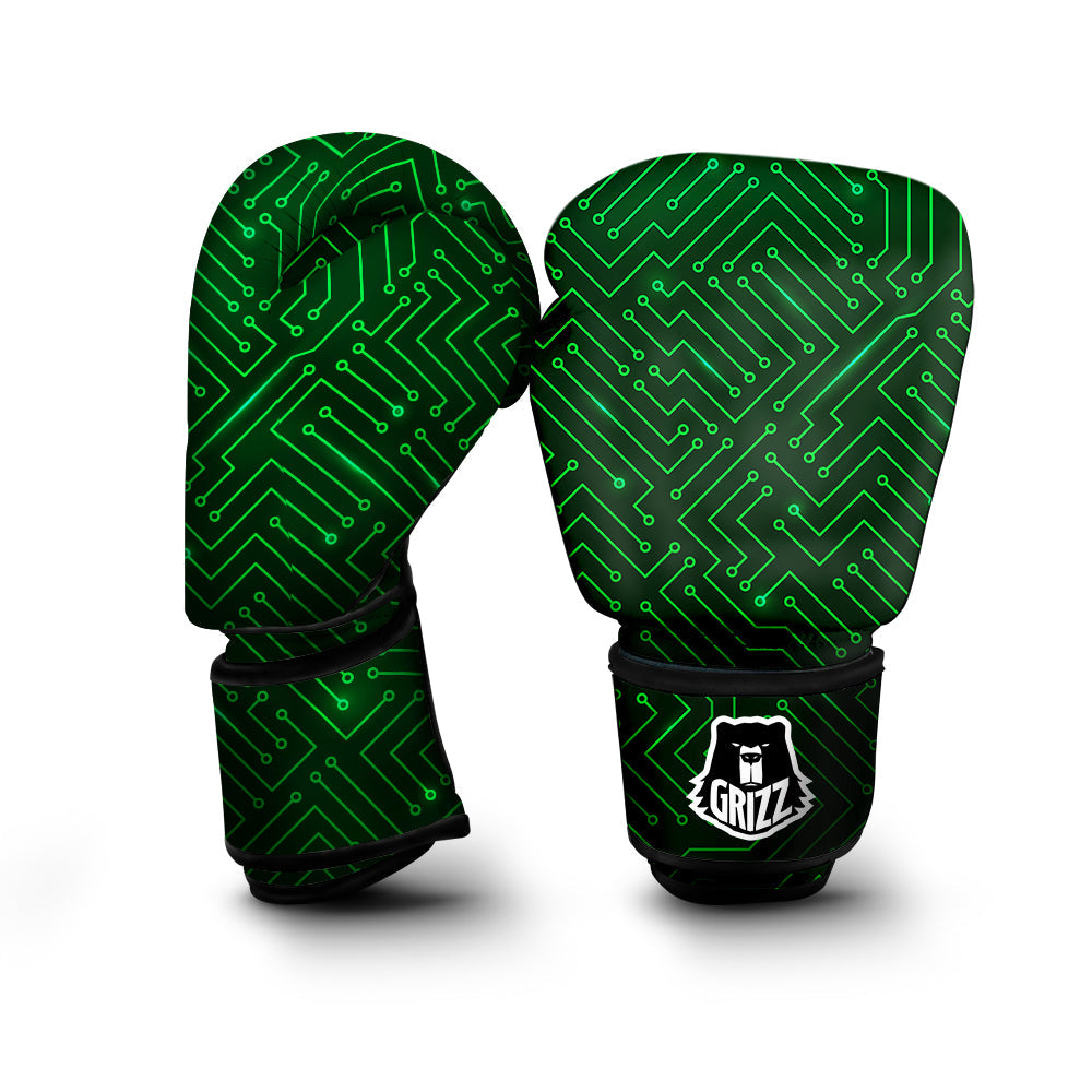 Futuristic Green Circuit Board Print Boxing Gloves-grizzshop
