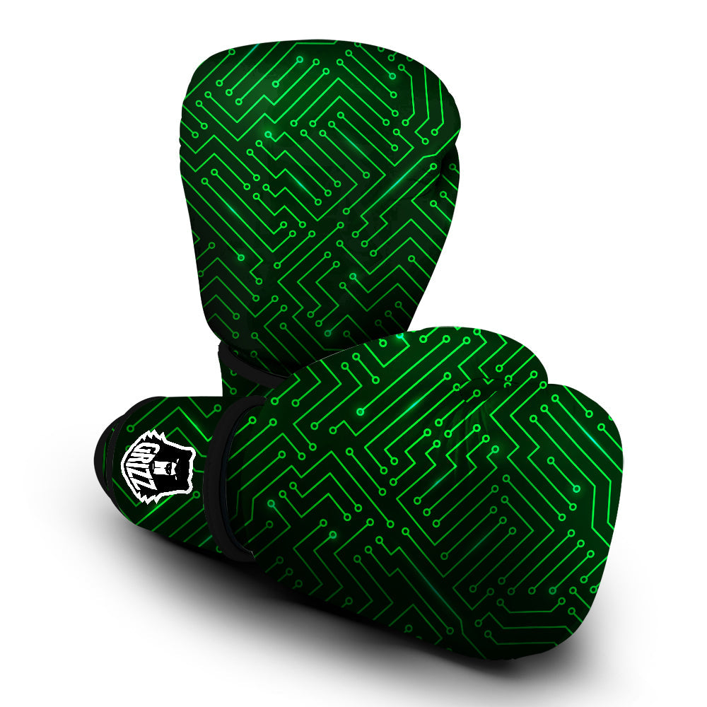 Futuristic Green Circuit Board Print Boxing Gloves-grizzshop