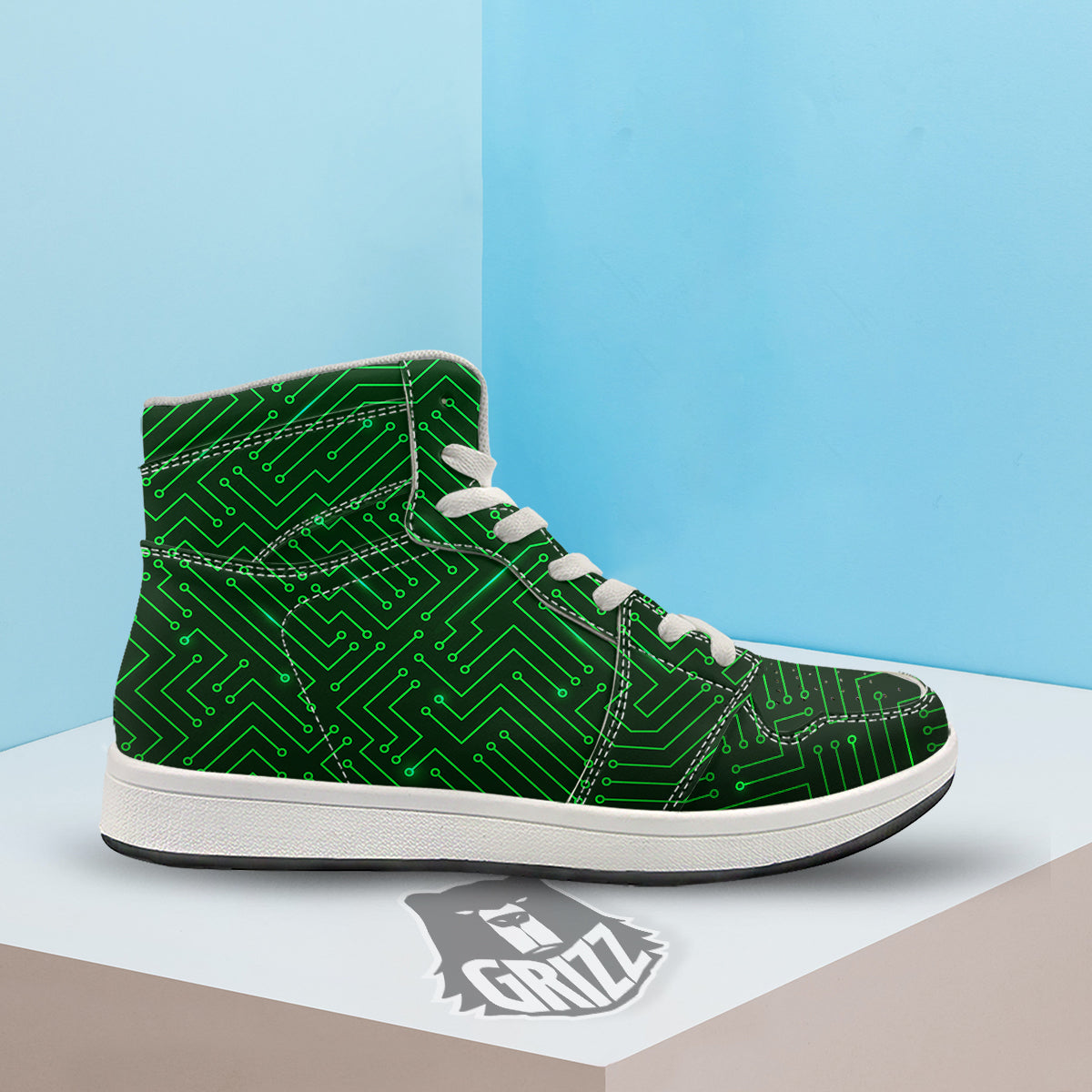 Futuristic Green Circuit Board Print High Top Sneakers-grizzshop