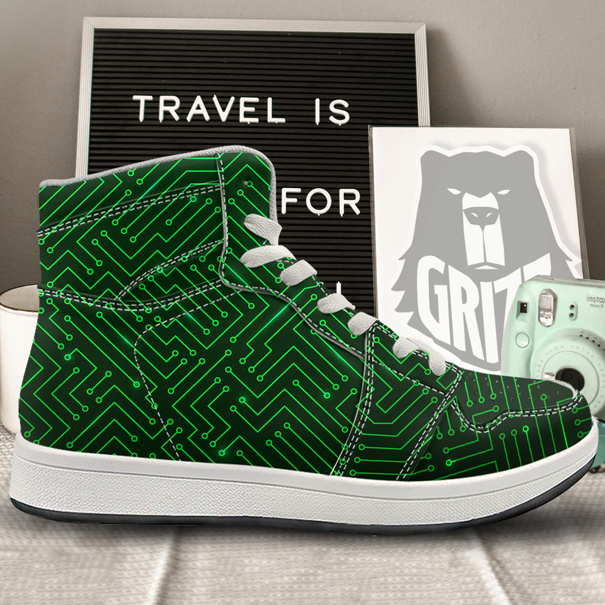 Futuristic Green Circuit Board Print High Top Sneakers-grizzshop