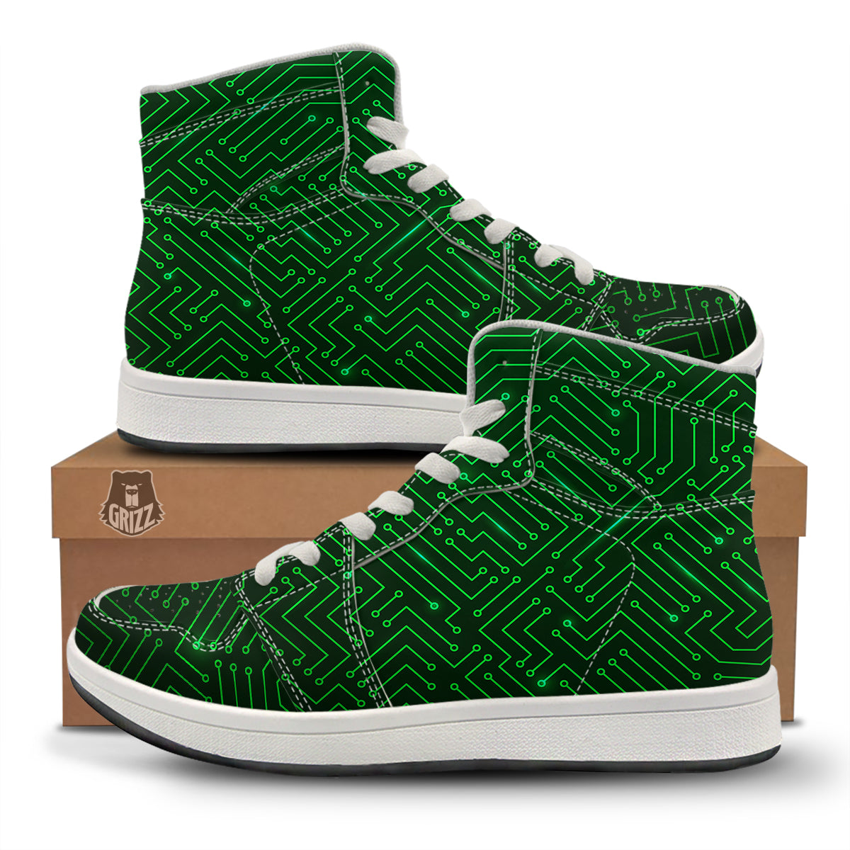 Futuristic Green Circuit Board Print High Top Sneakers-grizzshop