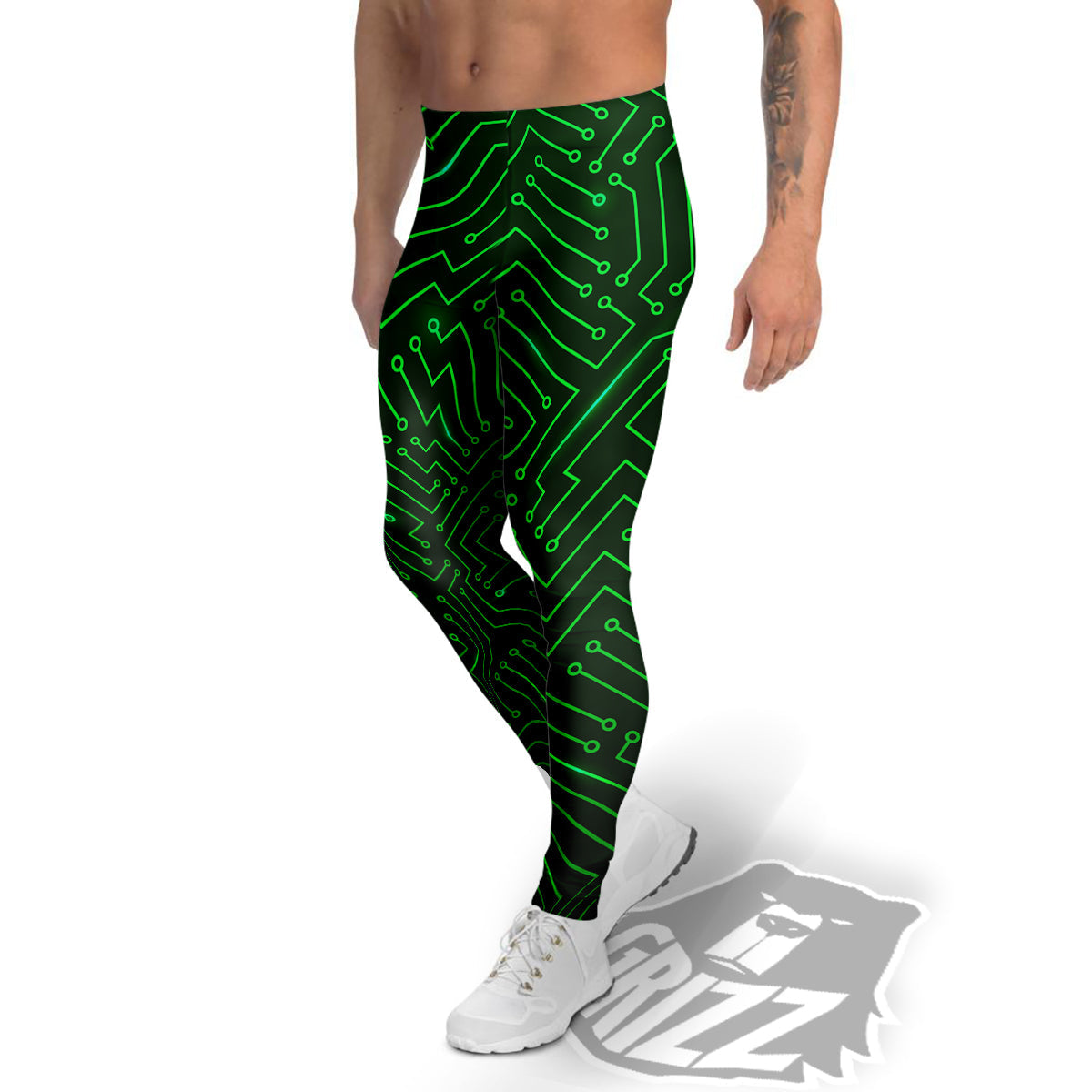 Futuristic Green Circuit Board Print Men's Leggings-grizzshop