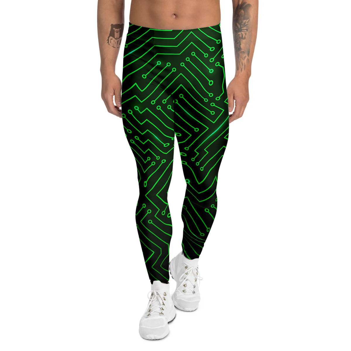 Futuristic Green Circuit Board Print Men's Leggings-grizzshop