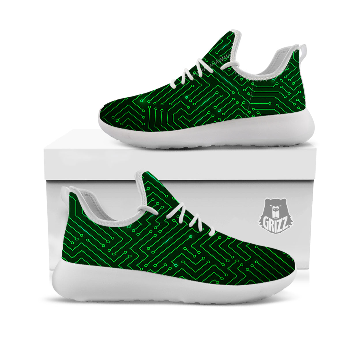 Futuristic Green Circuit Board Print White Athletic Shoes-grizzshop