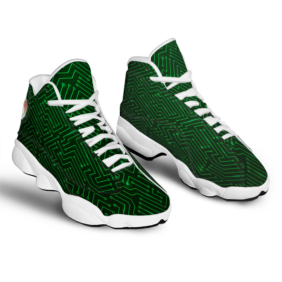 Futuristic Green Circuit Board Print White Basketball Shoes-grizzshop