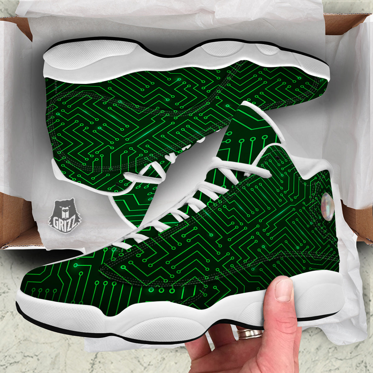Futuristic Green Circuit Board Print White Basketball Shoes-grizzshop