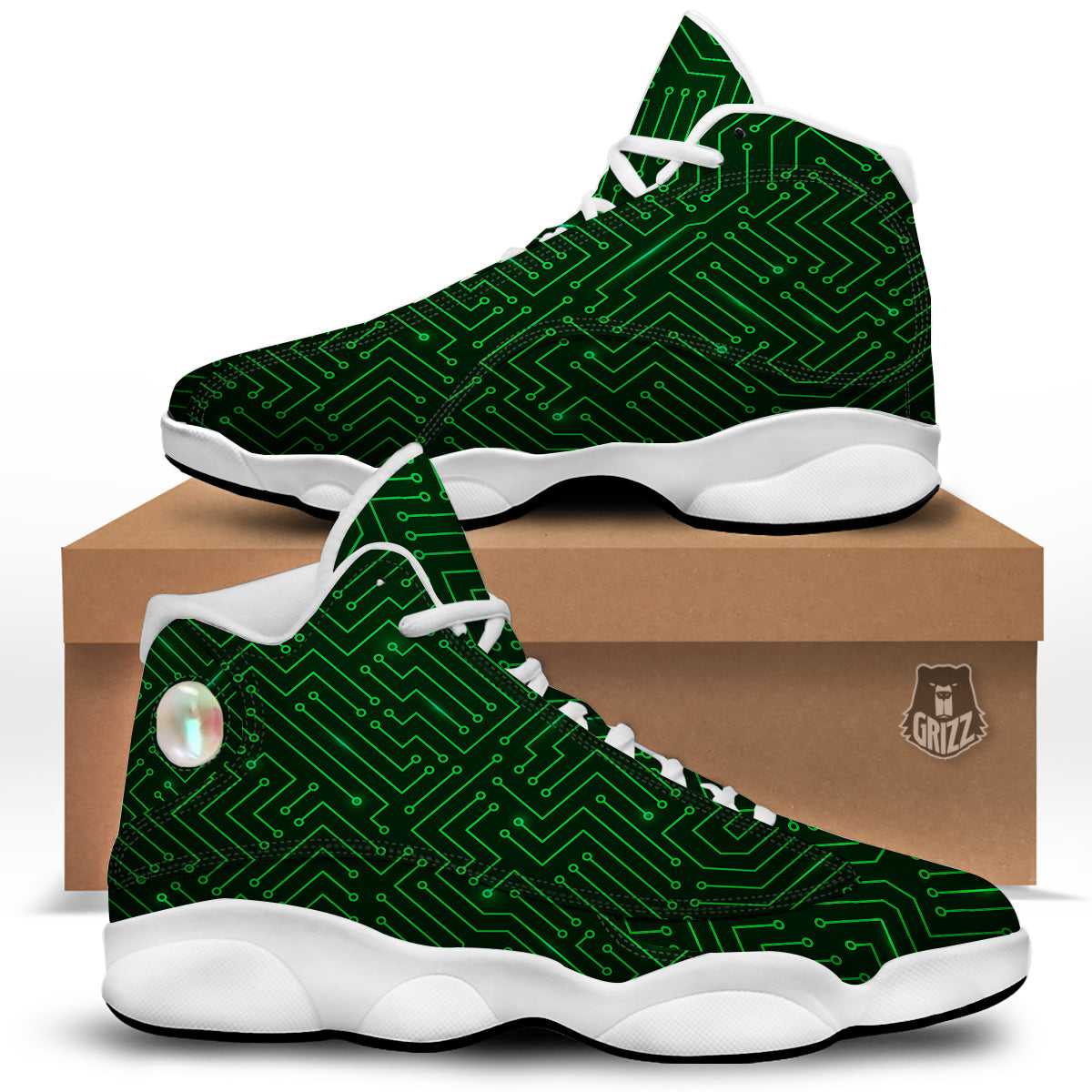 Futuristic Green Circuit Board Print White Basketball Shoes-grizzshop