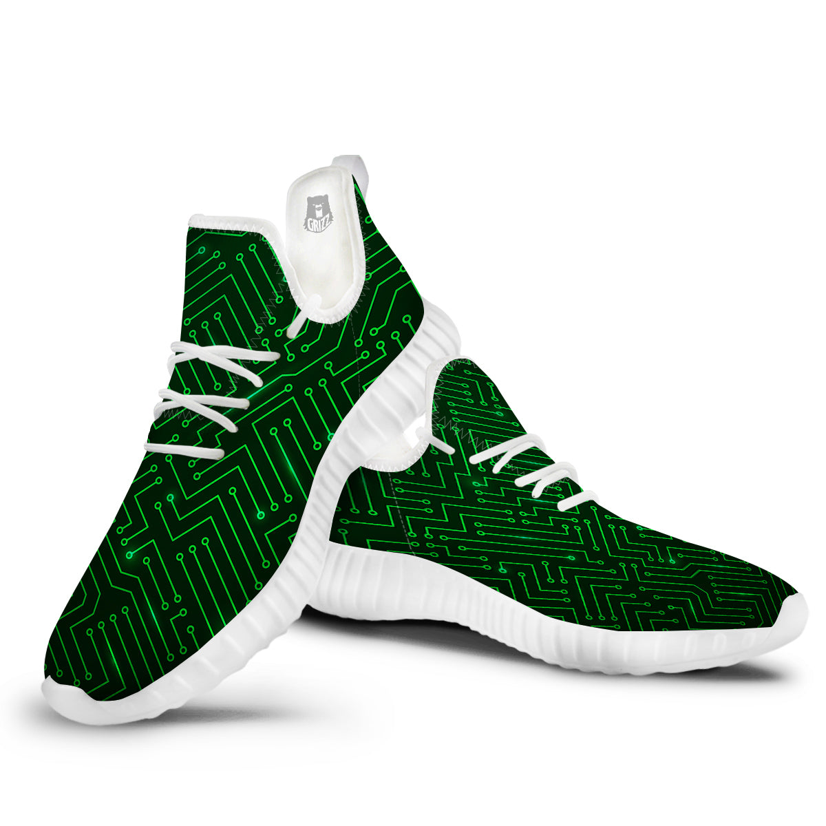 Futuristic Green Circuit Board Print White Walking Shoes-grizzshop