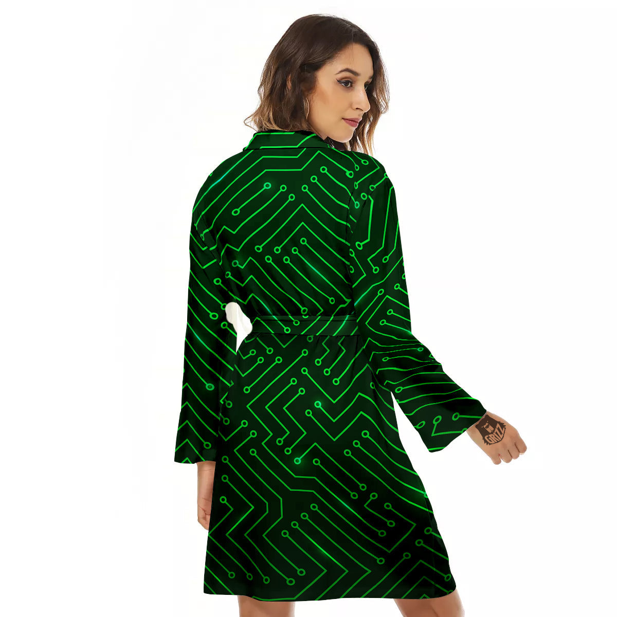 Futuristic Green Circuit Board Print Women's Robe-grizzshop