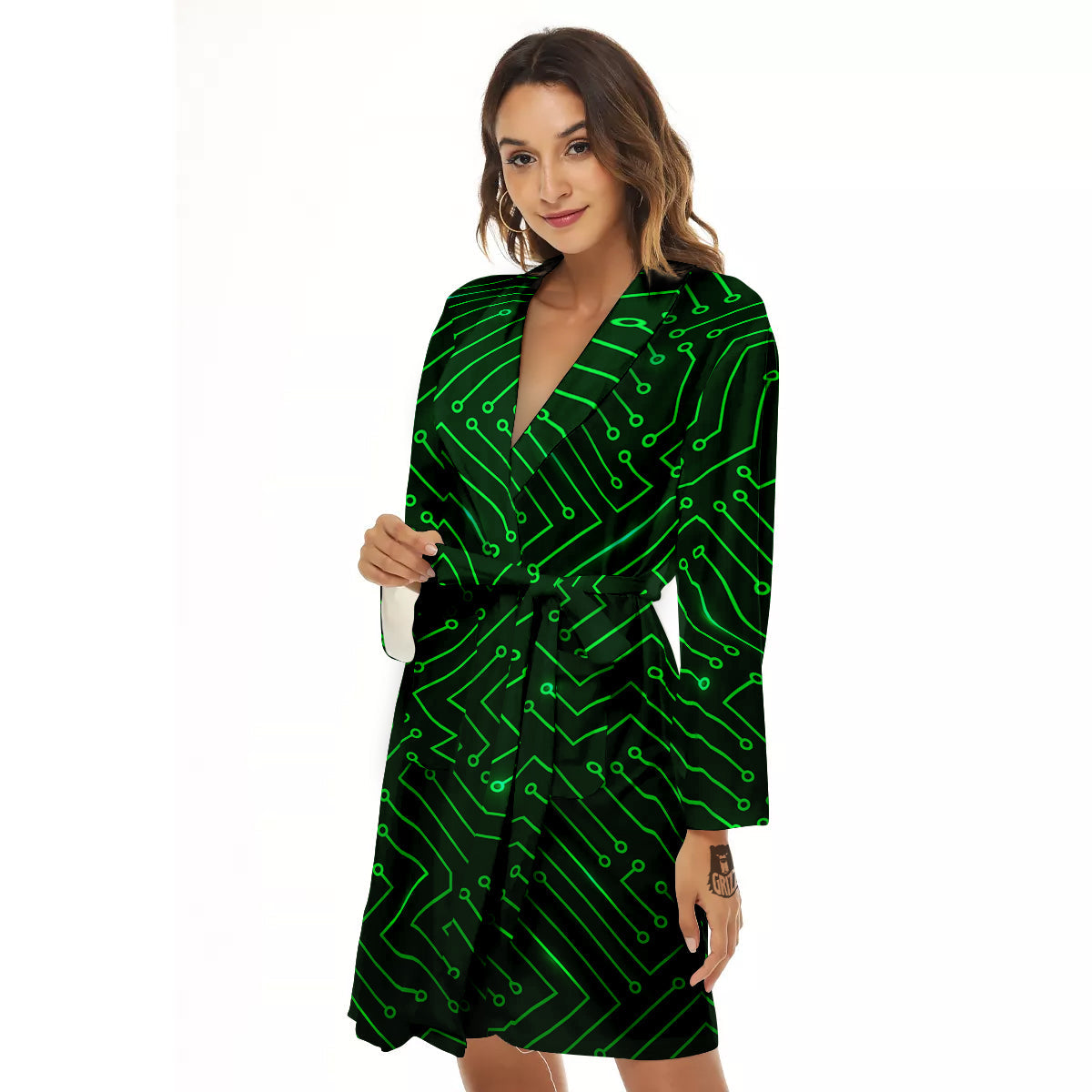 Futuristic Green Circuit Board Print Women's Robe-grizzshop