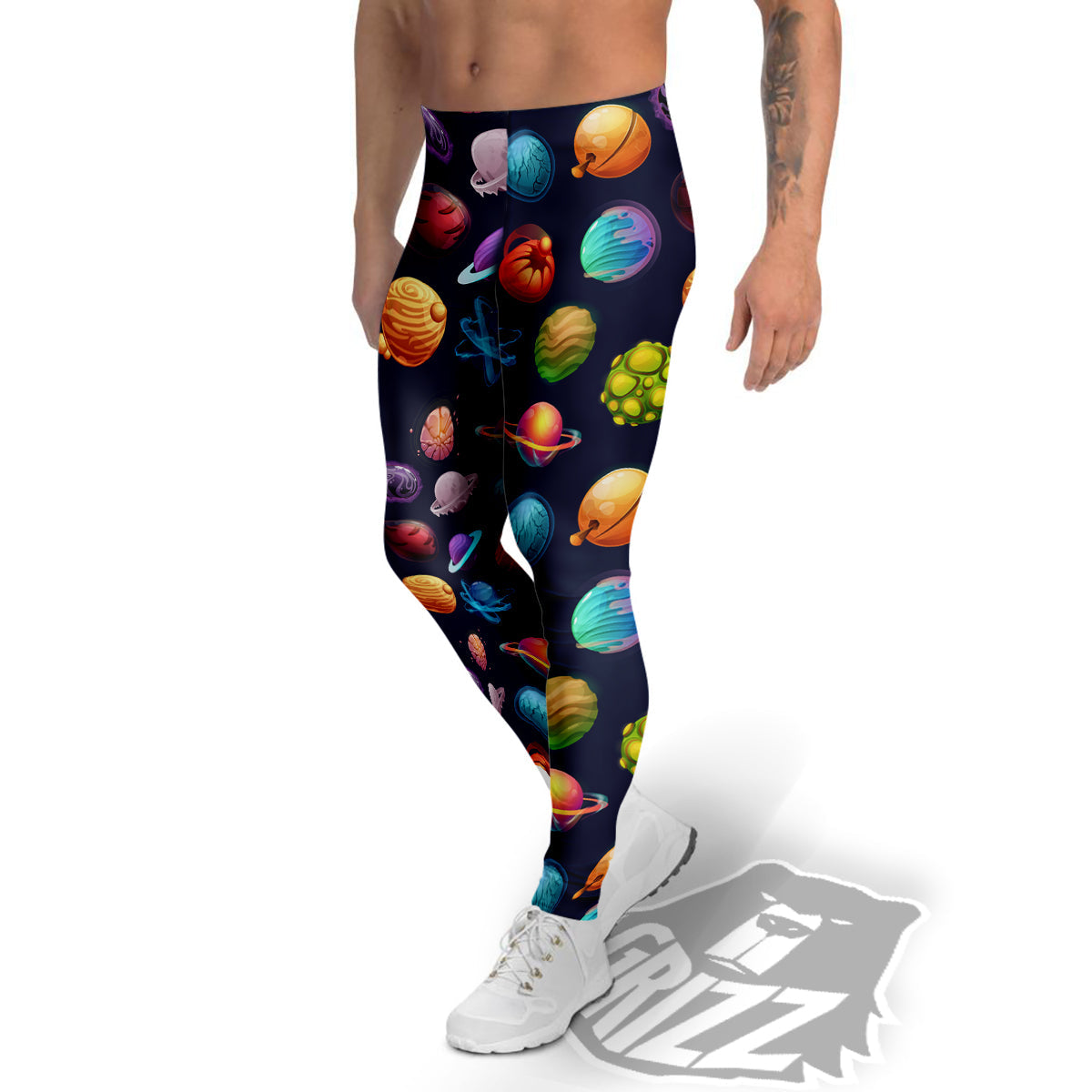 Futuristic Planets And Stars Colorful Print Pattern Men's Leggings-grizzshop