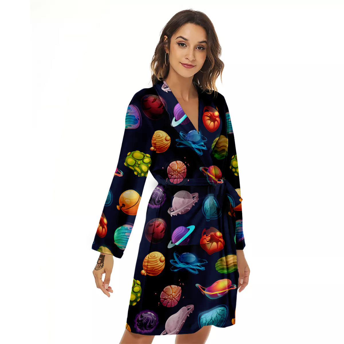 Futuristic Planets And Stars Colorful Print Pattern Women's Robe-grizzshop