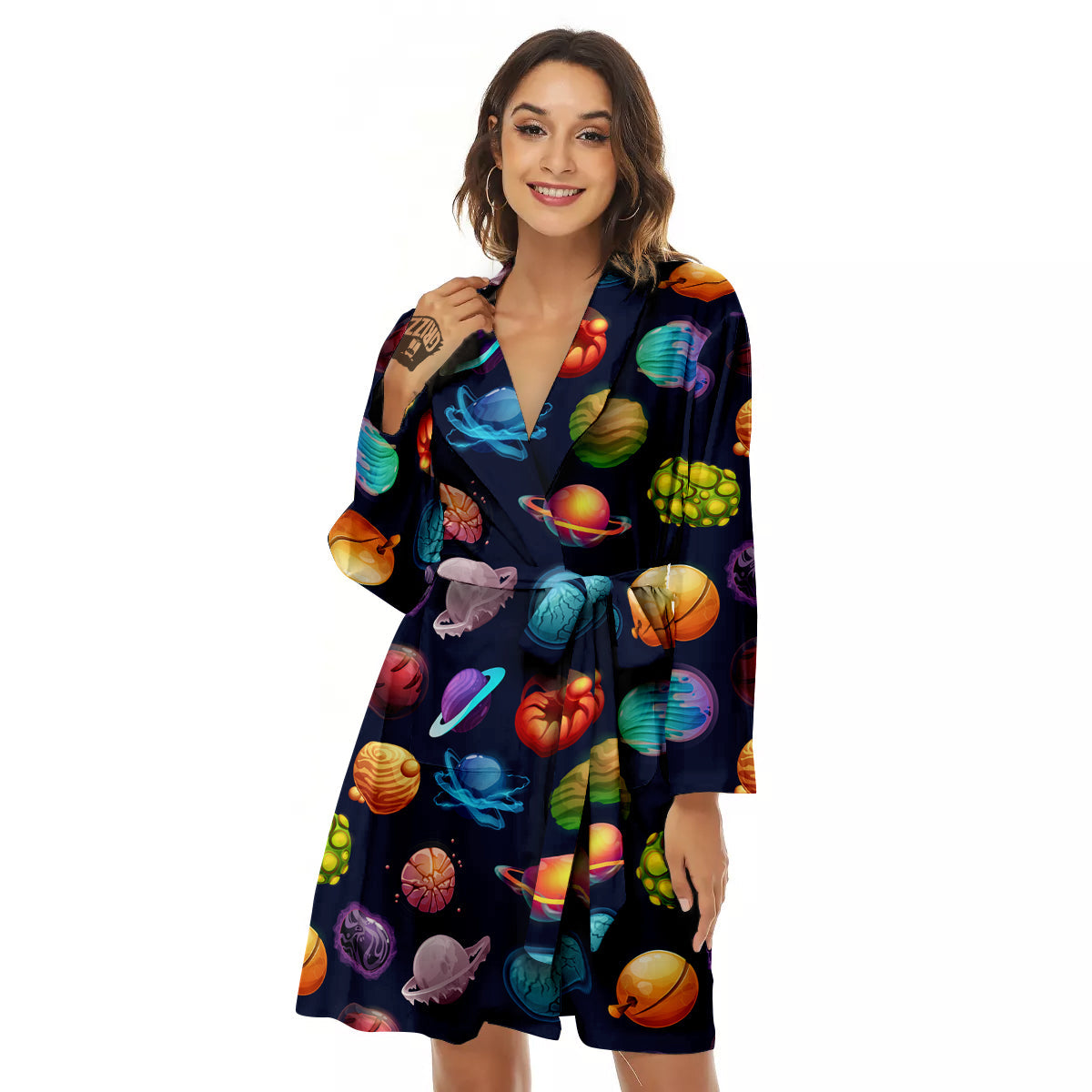 Futuristic Planets And Stars Colorful Print Pattern Women's Robe-grizzshop