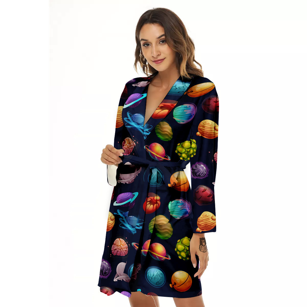 Futuristic Planets And Stars Colorful Print Pattern Women's Robe-grizzshop