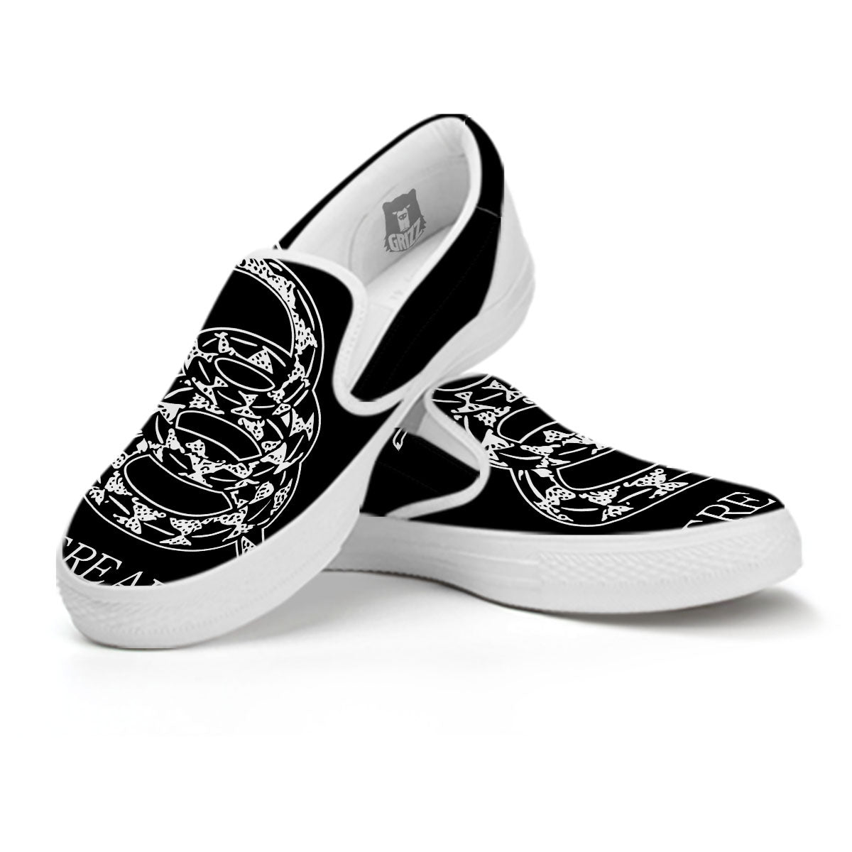 Gadsden Flag White And Black Print White Slip On Shoes-grizzshop
