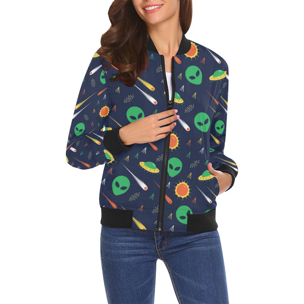 Galaxy Comet Alien Ufo Pattern Print Women Casual Bomber Jacket-grizzshop