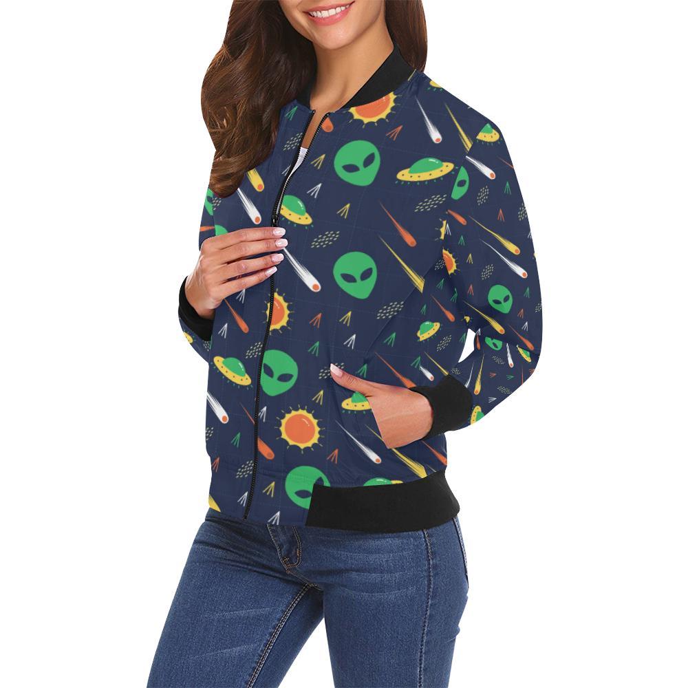 Galaxy Comet Alien Ufo Pattern Print Women Casual Bomber Jacket-grizzshop