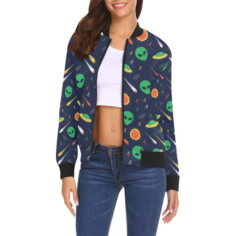 Galaxy Comet Alien Ufo Pattern Print Women Casual Bomber Jacket-grizzshop