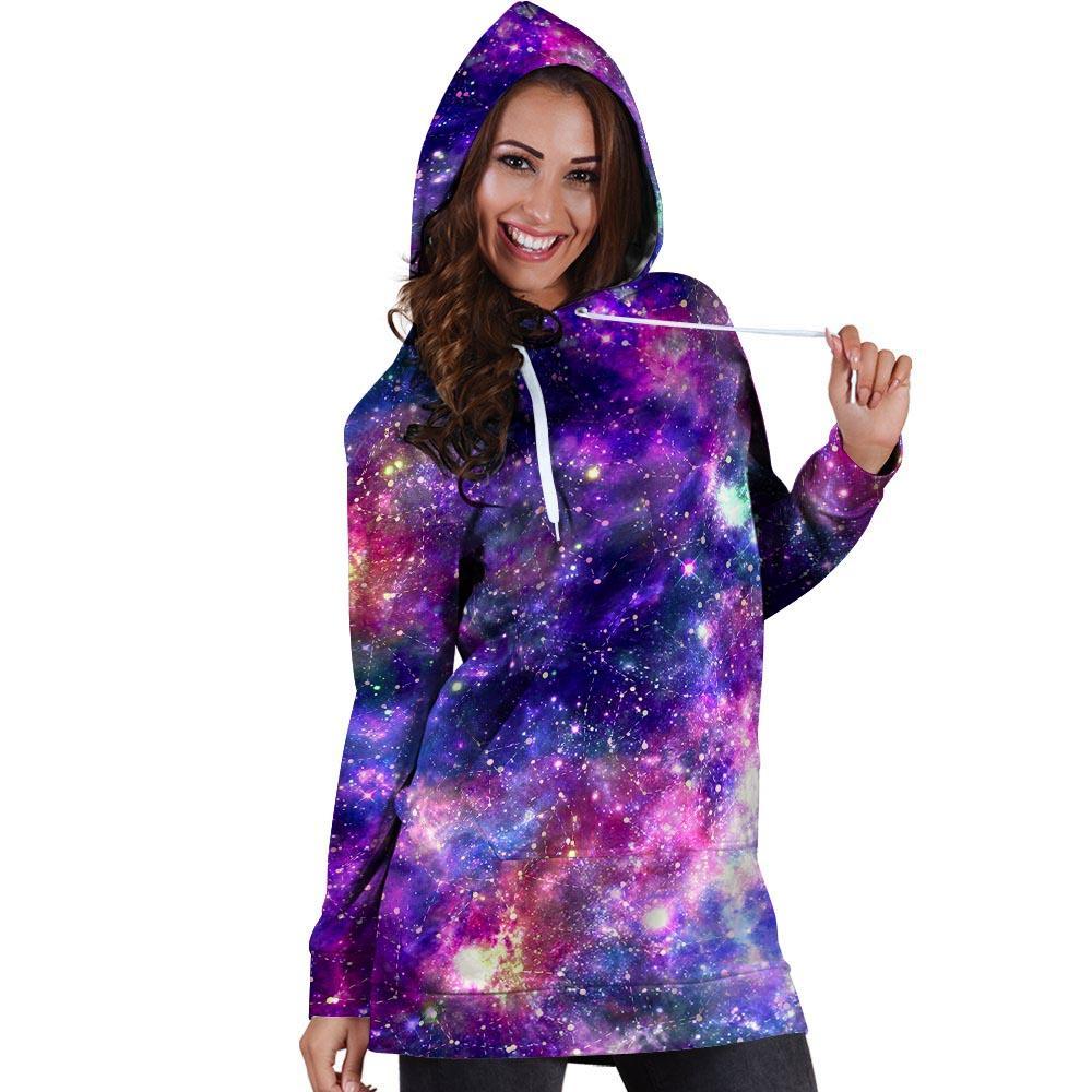 Galaxy Night Print Hoodie Dress-grizzshop