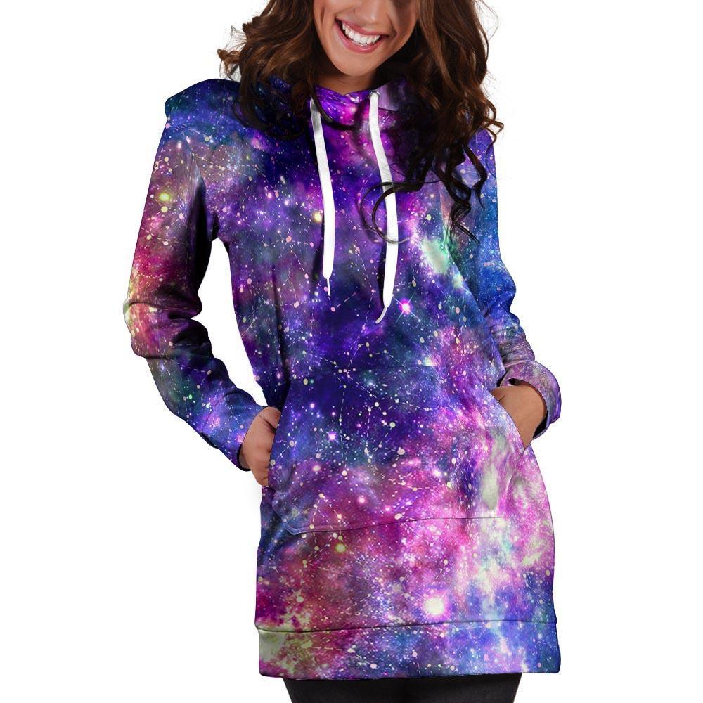 Galaxy Night Print Hoodie Dress-grizzshop