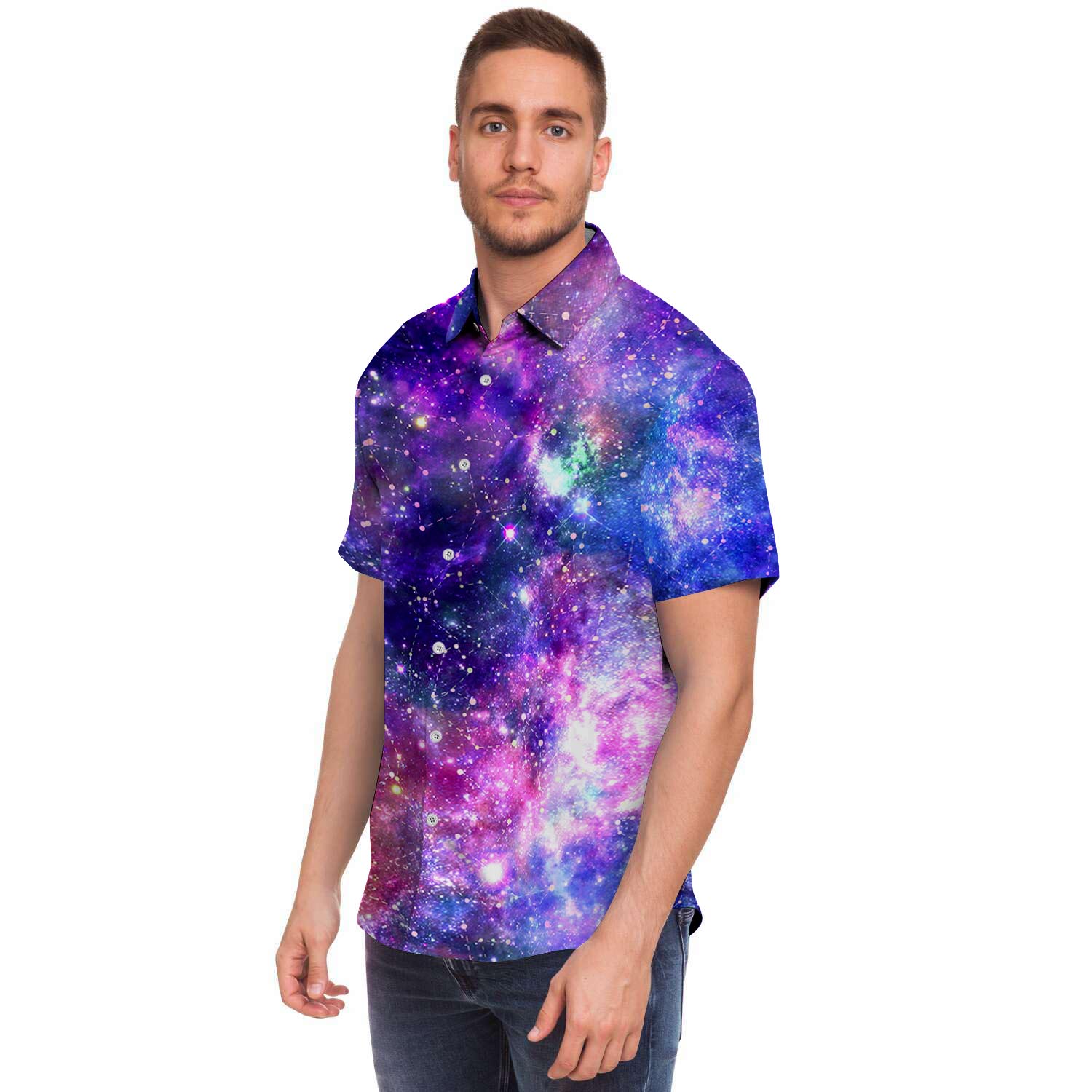 Galaxy Night Print Men's Short Sleeve Shirt-grizzshop