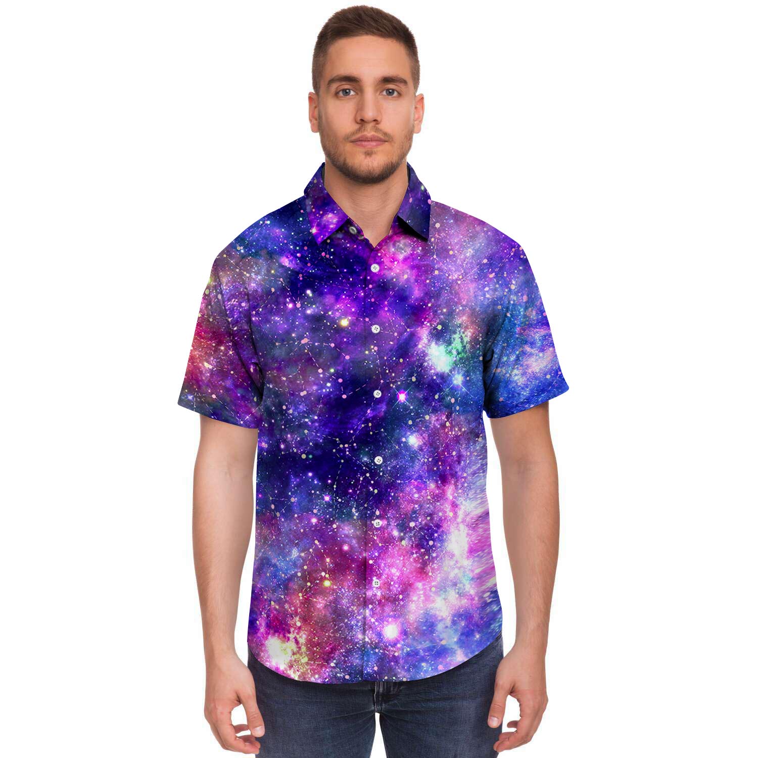 Galaxy Night Print Men's Short Sleeve Shirt-grizzshop