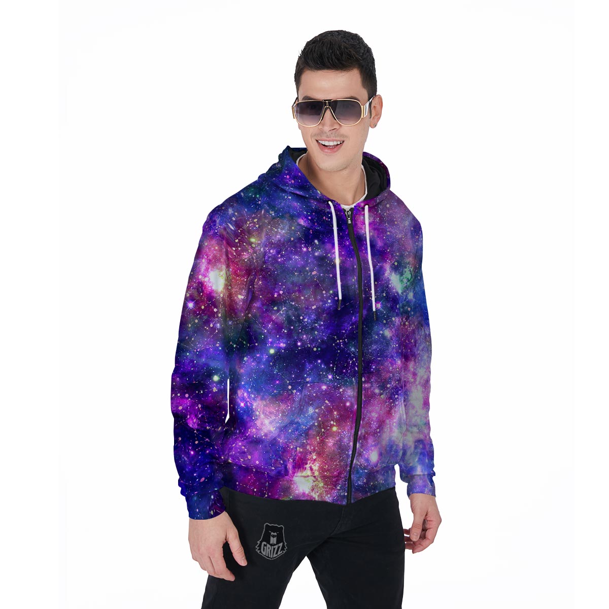 Galaxy Night Print Men's Zip Up Hoodie-grizzshop