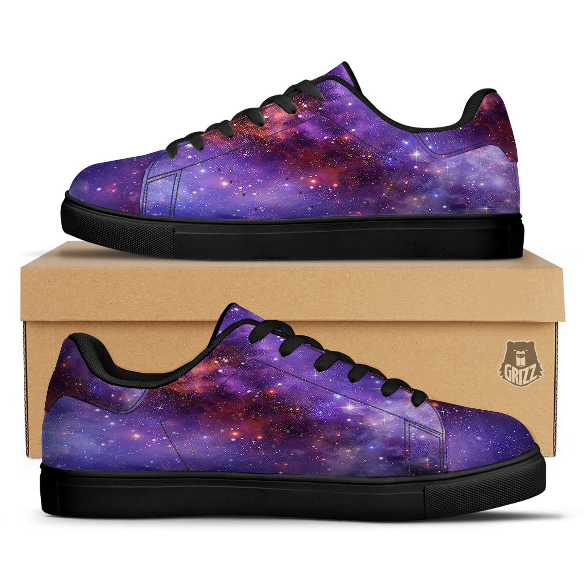 Galaxy Outer Space Dark Purple Print Black Low Top Sneakers-grizzshop