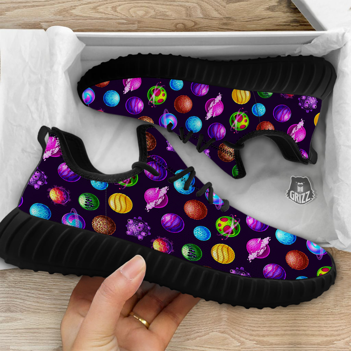 Galaxy Planets And Space Stars Colorful Print Pattern Black Walking Shoes-grizzshop