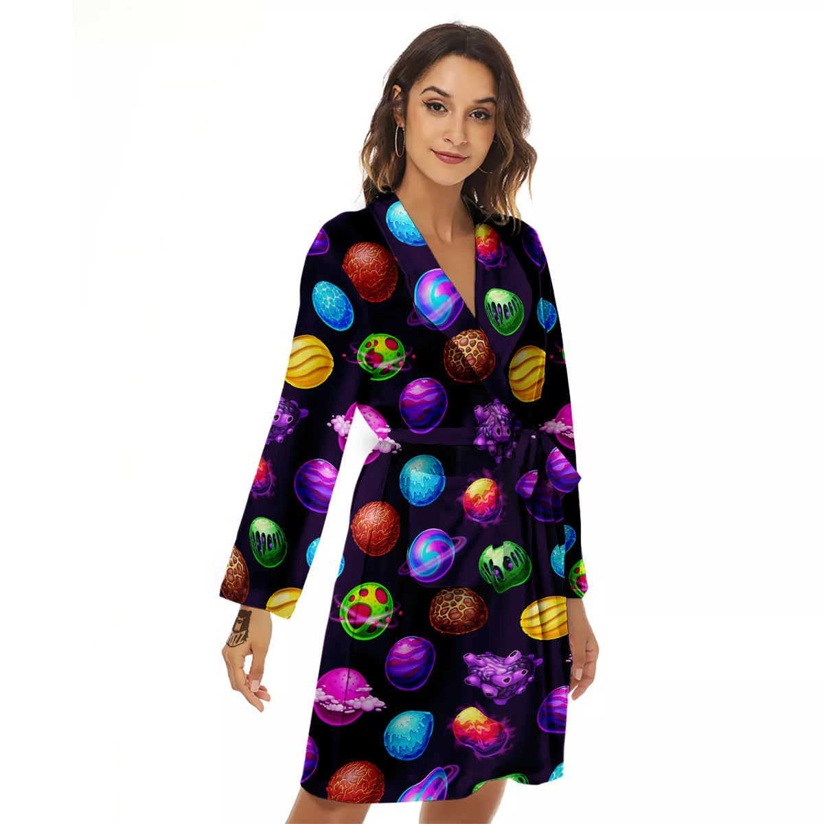 Galaxy Planets And Space Stars Colorful Print Pattern Women's Robe-grizzshop
