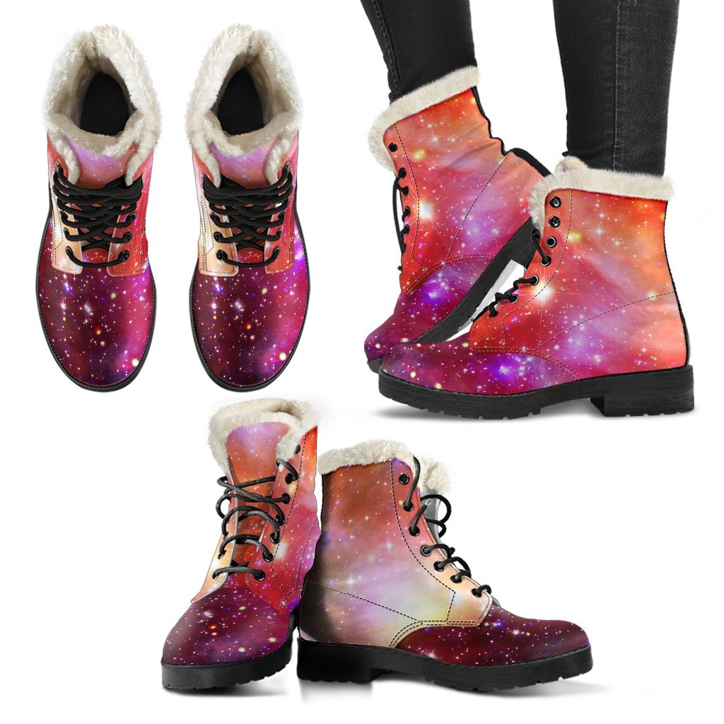 Galaxy Red Stardust Space Print Comfy Winter Boots-grizzshop