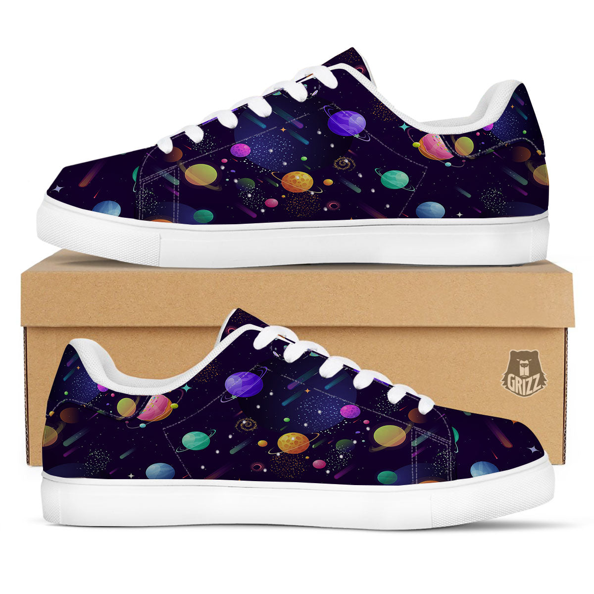 Galaxy Space Abstract Cartoon Print White Low Top Sneakers-grizzshop
