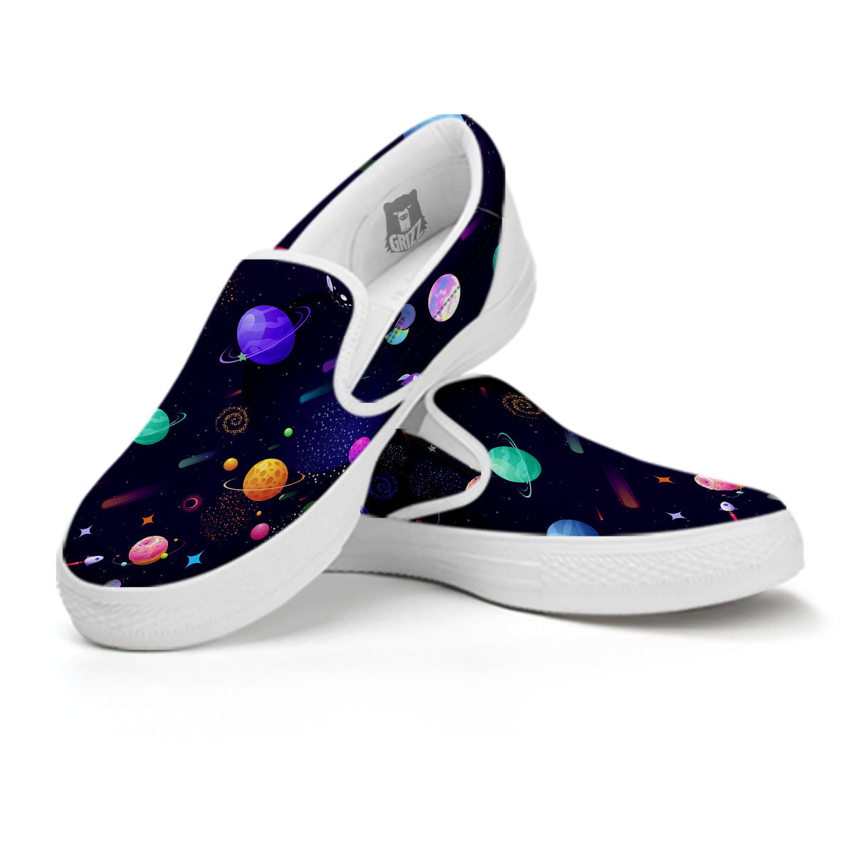 Galaxy Space Abstract Cartoon Print White Slip On Shoes-grizzshop