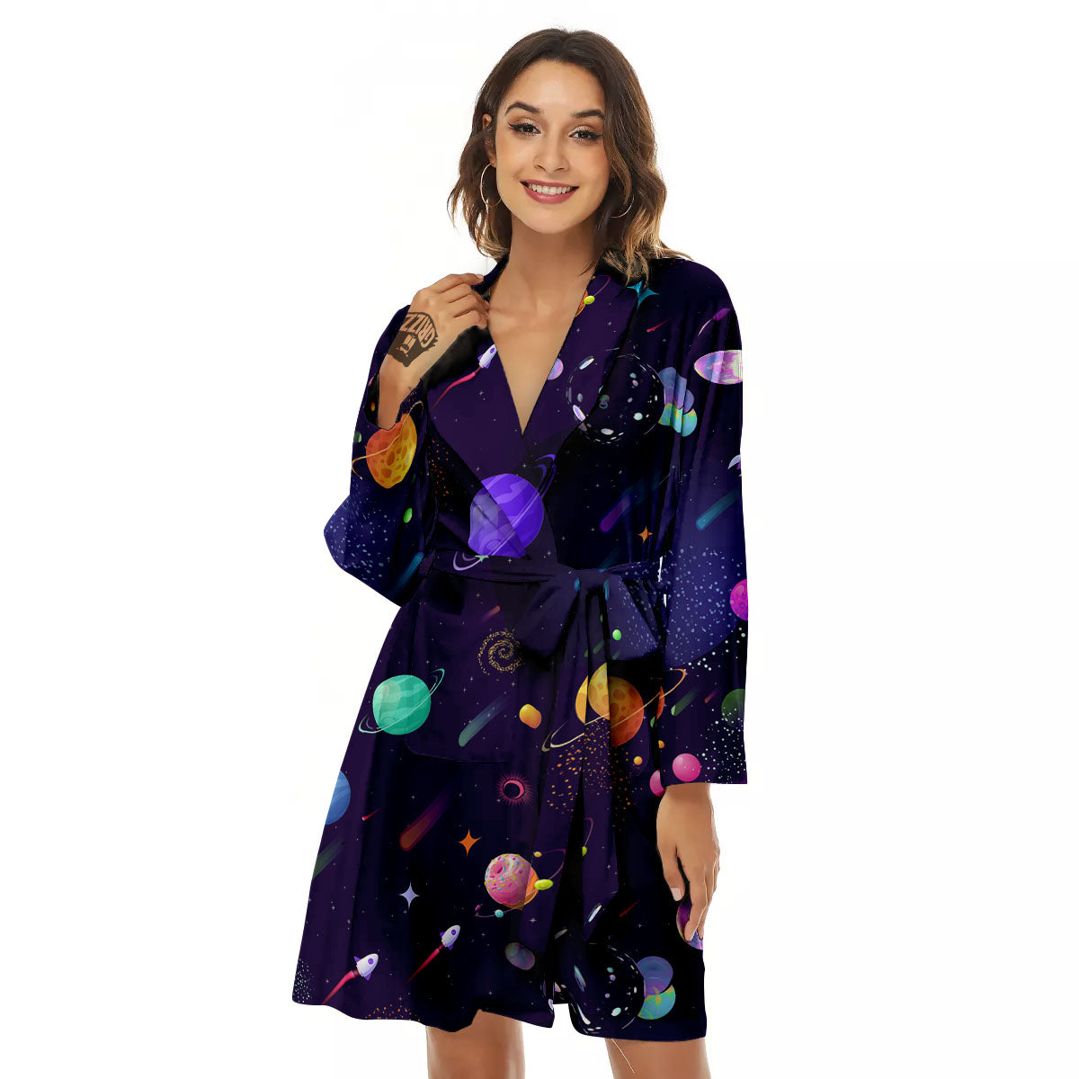 Galaxy Space Abstract Cartoon Print Women's Robe-grizzshop