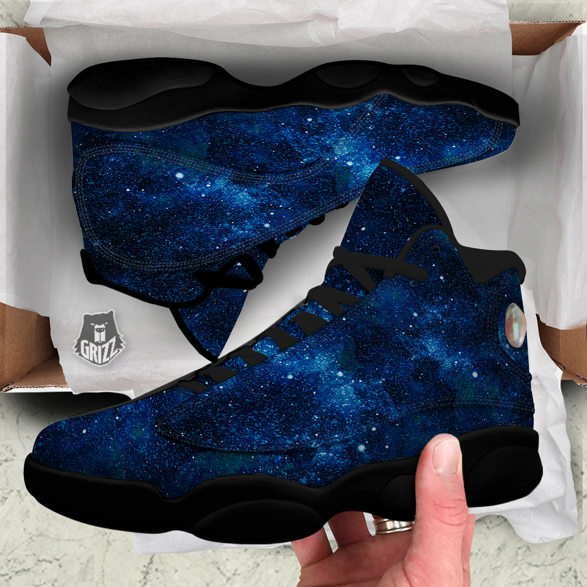 Galaxy Space Dark Blue Print Black Basketball Shoes-grizzshop