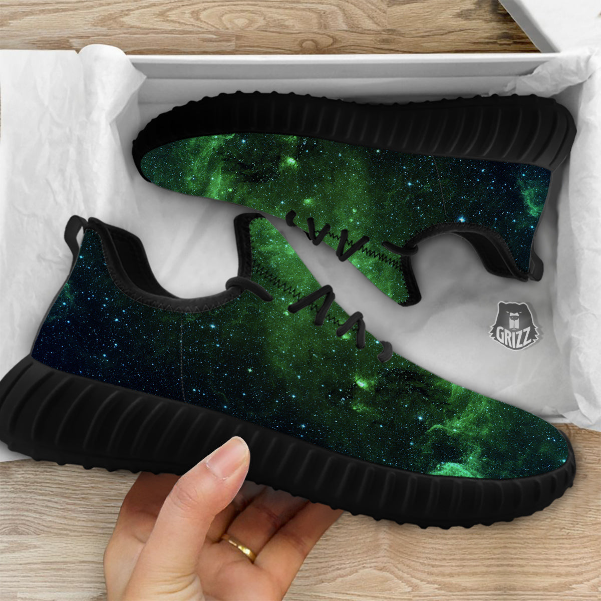 Galaxy Space Dark Green Print Black Walking Shoes-grizzshop