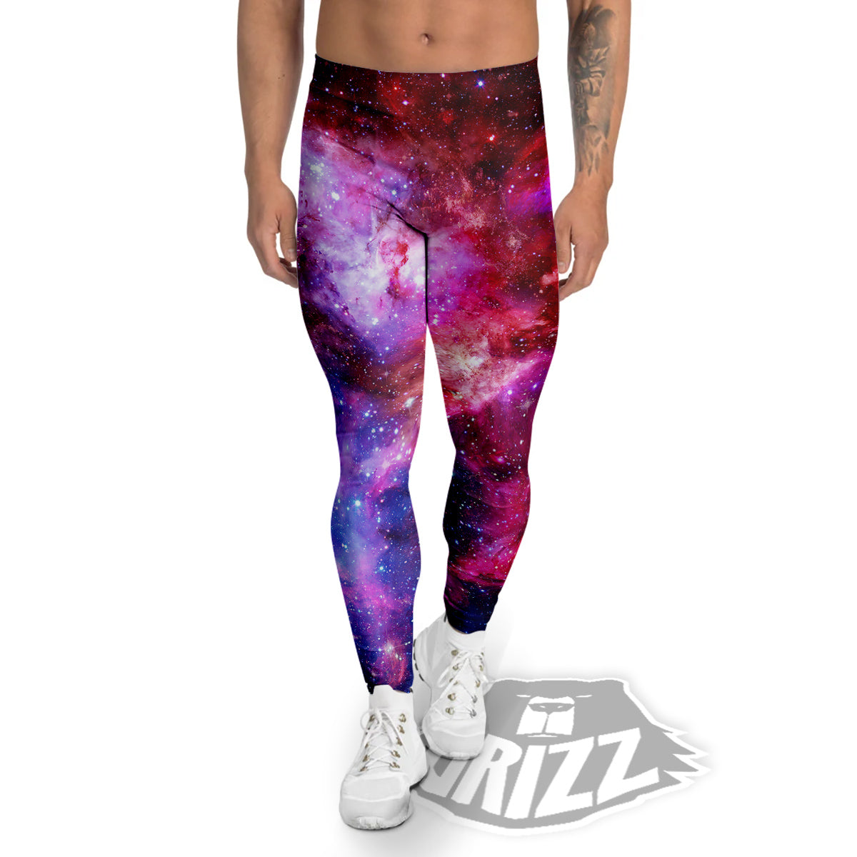 Galaxy Outer Space Men's Leggings, Blue Dark Purple Cosmos Print