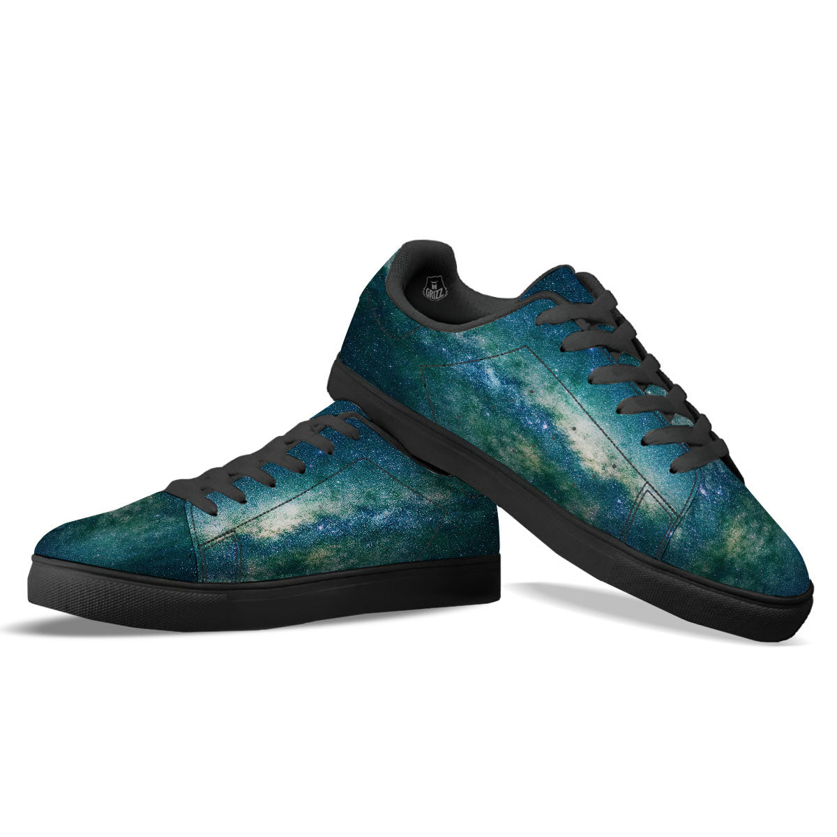 Galaxy Space Dark Teal Print Black Low Top Sneakers-grizzshop