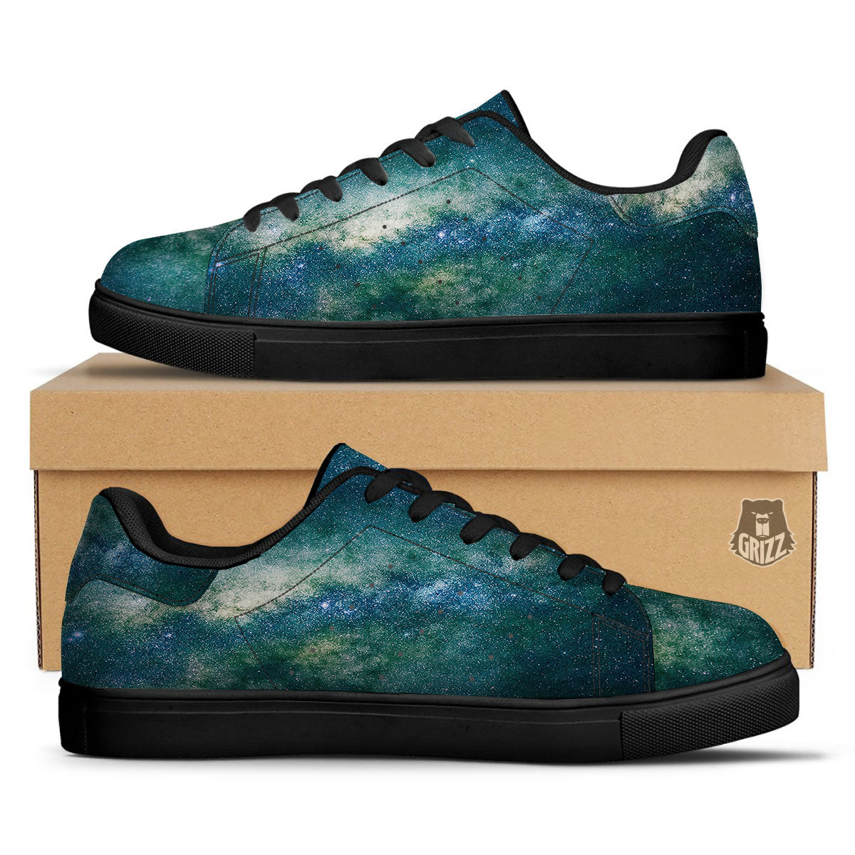 Galaxy Space Dark Teal Print Black Low Top Sneakers-grizzshop