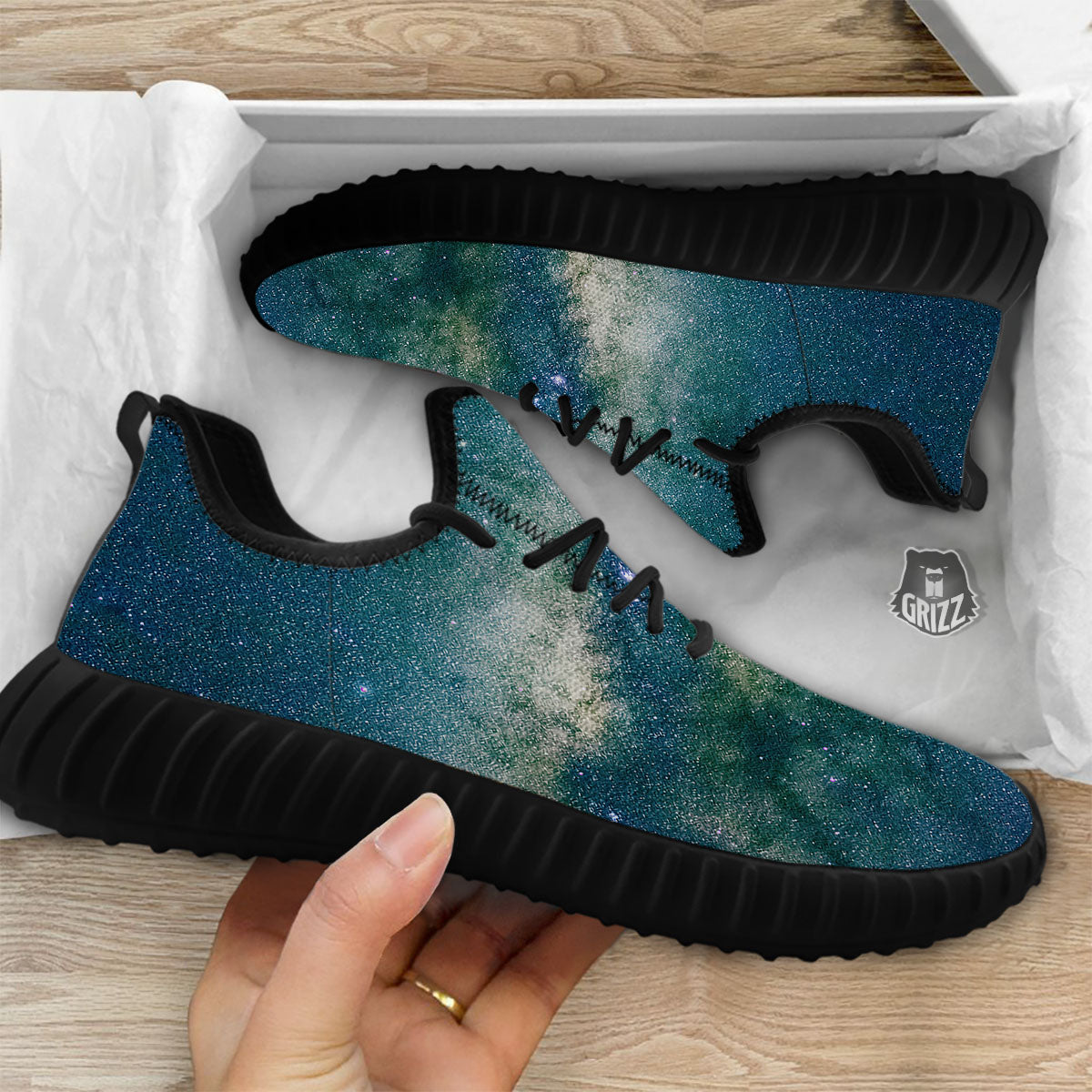 Galaxy Space Dark Teal Print Black Walking Shoes-grizzshop