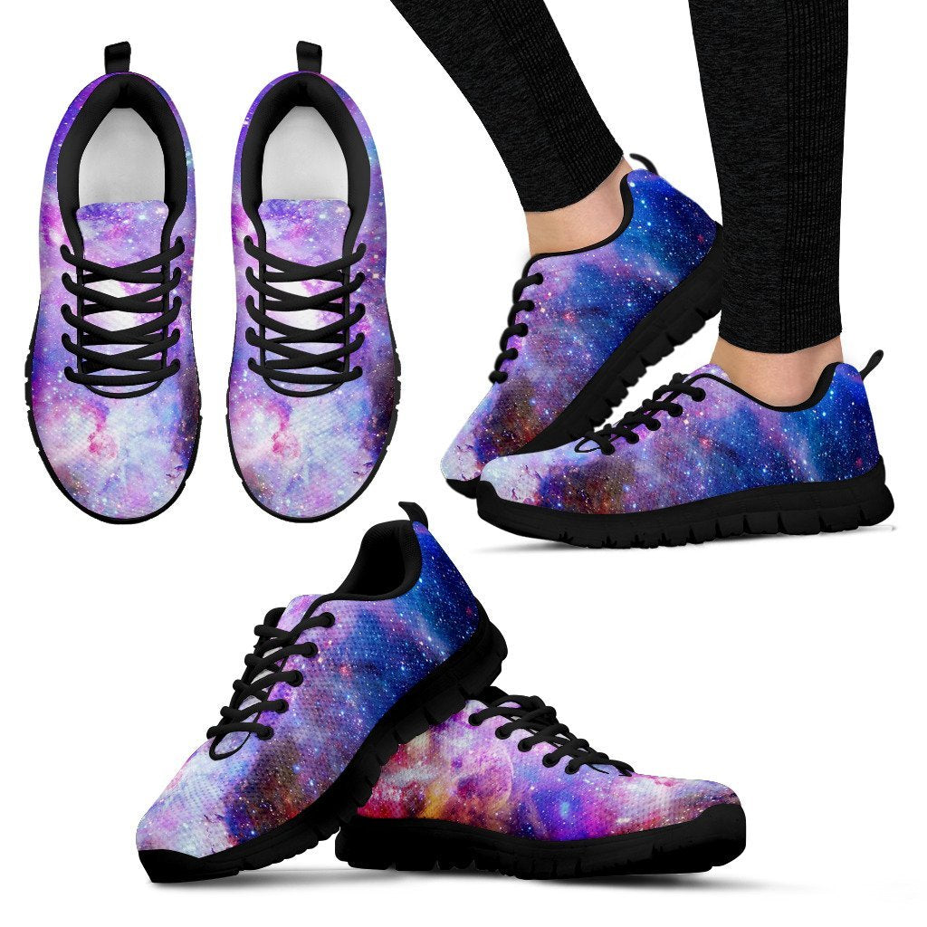 Galaxy Space Purple Stardust Print Black Sneaker Shoes For Men Women-grizzshop